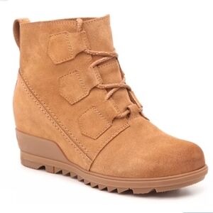 SOREL Evie Cognac Suede Waterproof Lace‑Up Hidden Wedge Bootie W 7